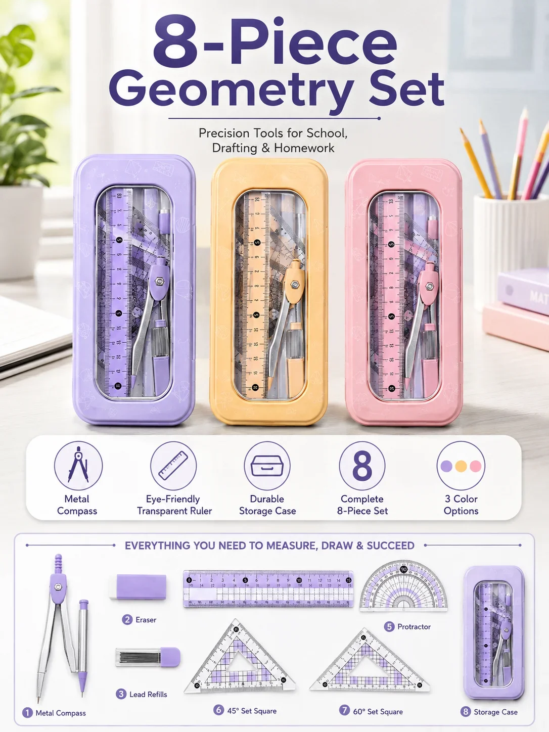 8-Piece Math Geometry Set for  - Compass Geometry Set review and price